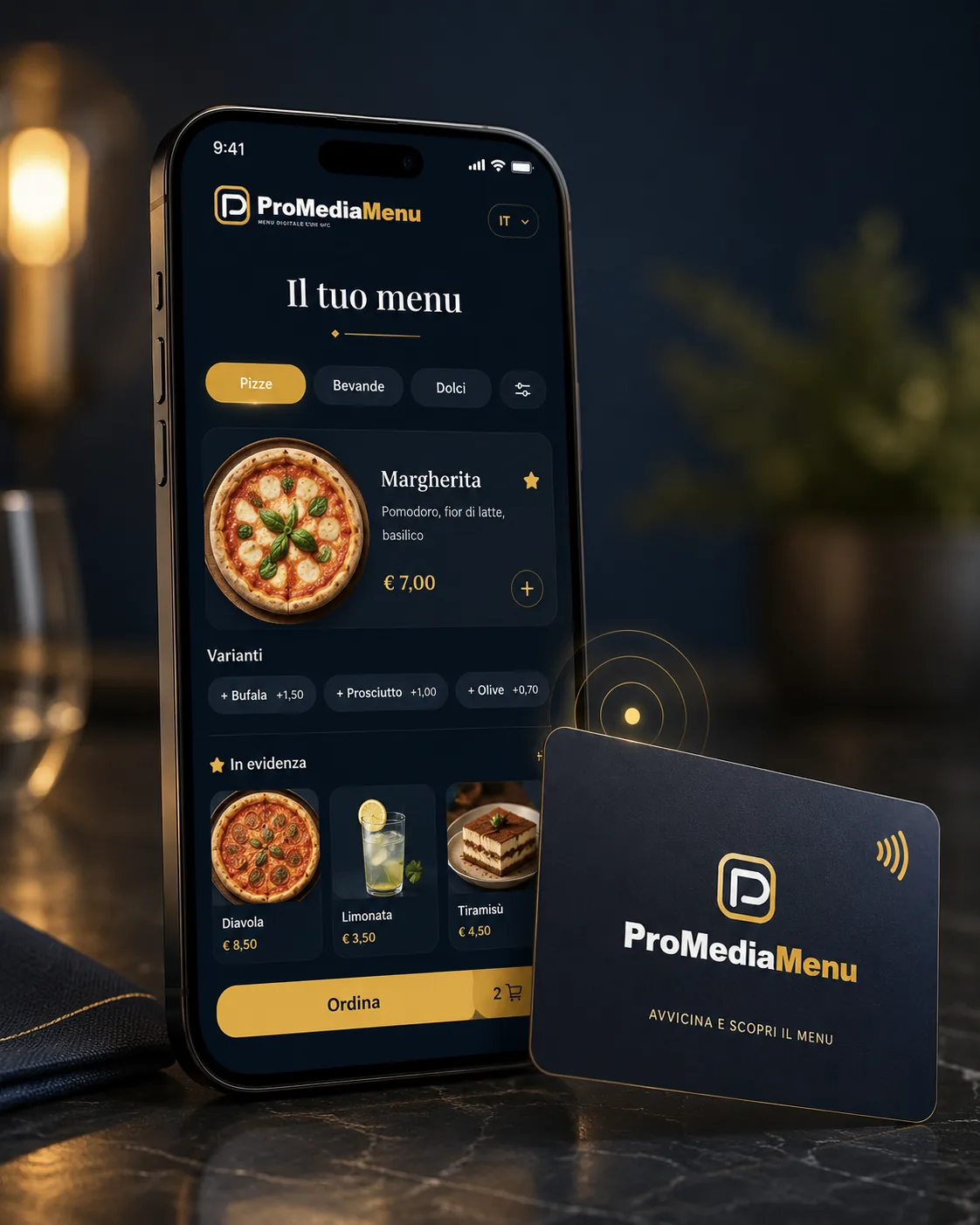 Smartphone con menu digitale ProMediaMenu e NFC Card