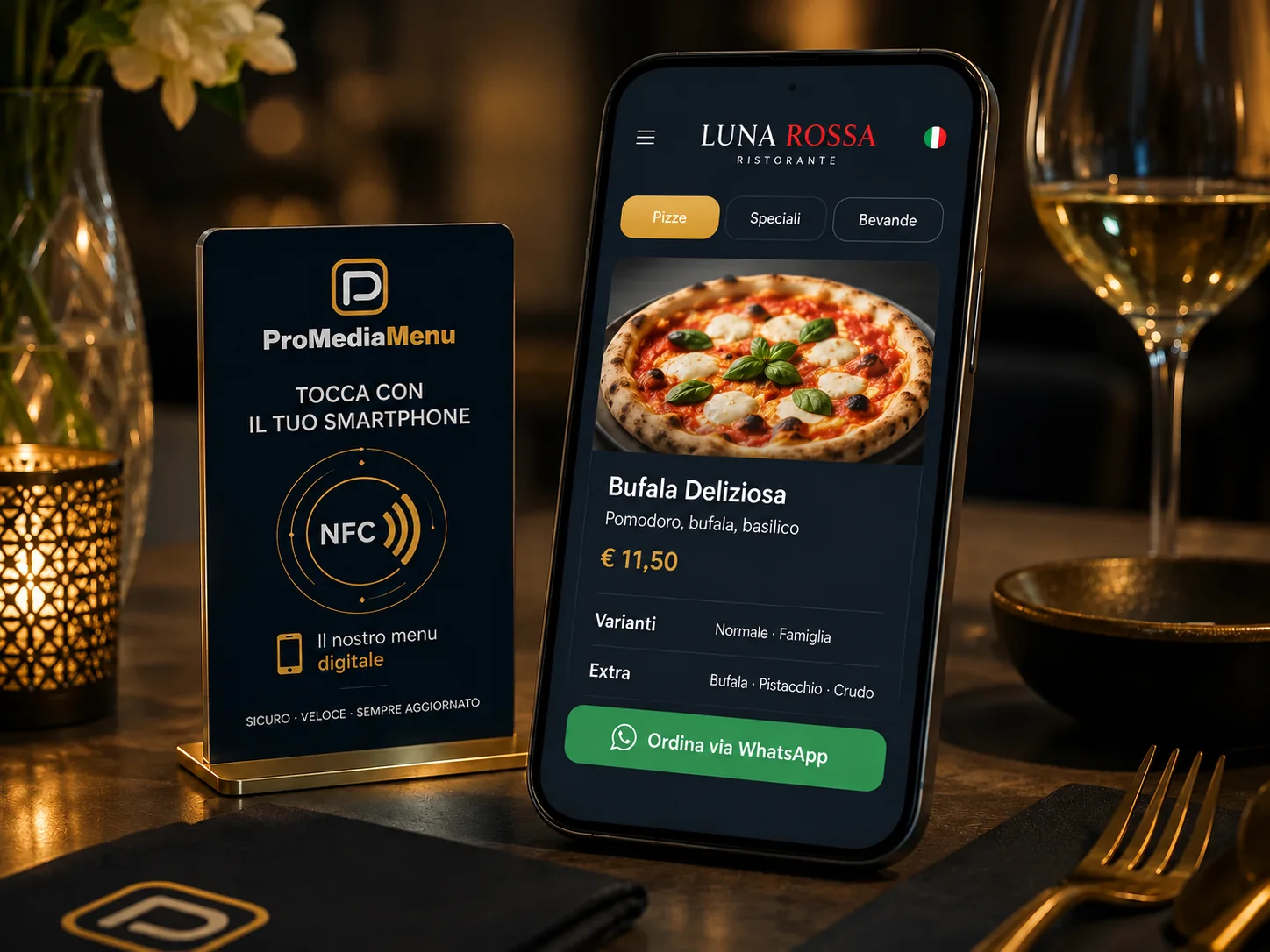 NFC Card ProMediaMenu e menu digitale aperto su smartphone in un ristorante