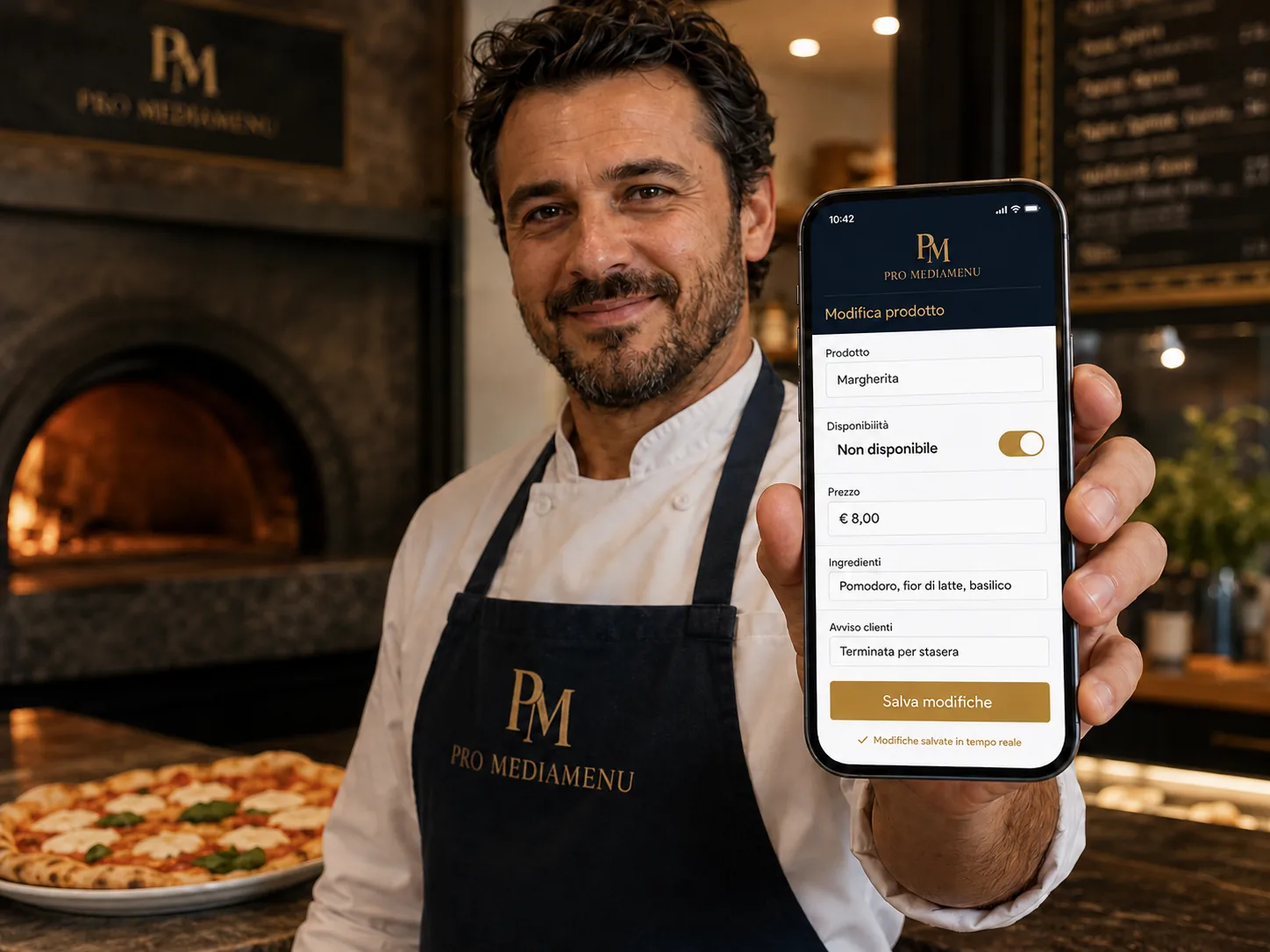 Ristoratore che utilizza un menu digitale ProMediaMenu